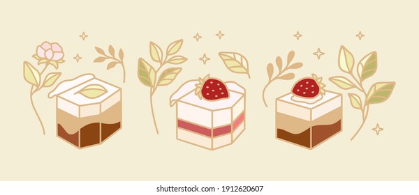 Set of colorful cake, cute pastry, bakery elements with strawberry and leaf branch for icon, symbol, thank you card decoration, clipart, and logo design