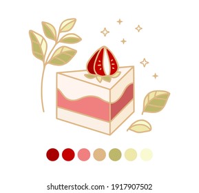 Set of colorful cake, cute pastry, bakery elements with strawberry, floral leaf branch, and color palette for food logo, icon, symbol, birthday, thank you card decoration, and clipart design
