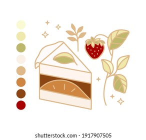 Set of colorful cake, cute pastry, bakery elements with strawberry, floral leaf branch, and color palette for food logo, icon, symbol, birthday, thank you card decoration, and clipart design