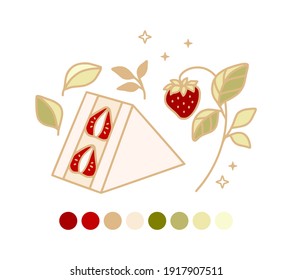 Set of colorful cake, cute pastry, bakery elements with strawberry, floral leaf branch, and color palette for food logo, icon, symbol, birthday, thank you card decoration, and clipart design