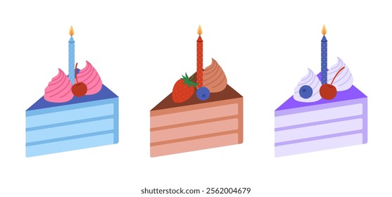 Set of colorful cake pieces with cream, berries and burning candles. Birthday cakes with strawberry, blueberry and cherry. Holiday desserts. Vector flat illustration isolated on white background