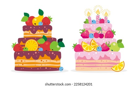 Set of colorful cakes decorated with fruits, berries, chocolate, cream on white background in flat style. Vector isolated illustration. Birthday and wedding cake.