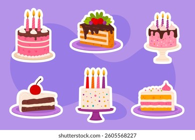 A set of colorful cakes stickers with different flavors and toppings. Playful and bright digital illustration, perfect for party designs, bakery branding, and digital assets.