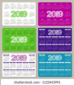 Set of colorful calendars 2019. The week starts on Sunday. Basic grid. Flat style. Vector illustration.