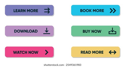 Set of colorful call-to-action buttons with text like 'Learn More,' 'Download,' and 'Buy Now.'