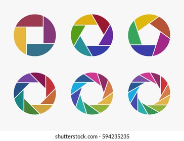 Set of colorful camera lens aperture icons isolated on light background. Camera objective icon. Shutter icon. Focus icon. Zoom objective for photographer. Simple diagrams set. Vector illustration.