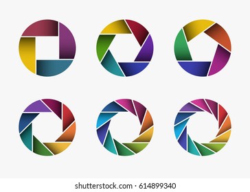 Set of colorful camera lens aperture icons isolated on light background. 