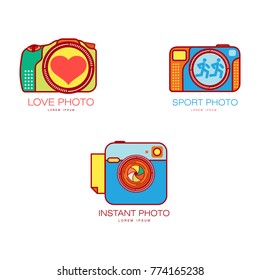 Set of colorful camera logo templates, vector illustration isolated on white background. Wedding, sport and instant photography logo template with colorful stylized camera picture