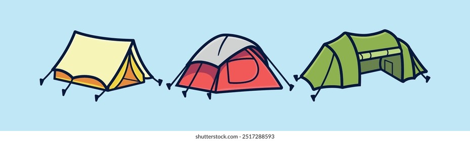 Set of colorful camp tent vectors. Different camping Tents in cartoon illustration style