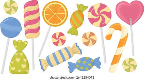 Set of colorful candies and caramels isolated on transparent background. Illustration of delicious sweets and lollipops
