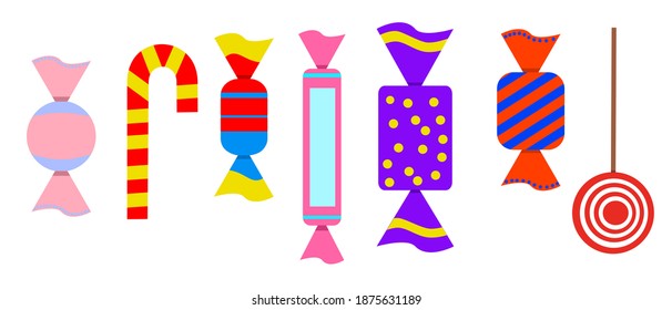 Set of colorful candies, chocolate, lollipop. Vector illustration on a white isolated background.