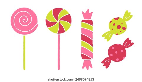 Set of colorful candies and lollipops. Hand-drawn vector illustration isolated on white background