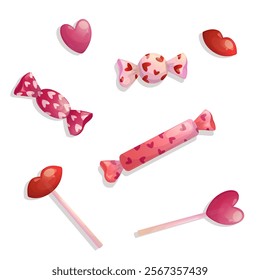 A set of colorful candies and lollipops on a white background. The concept of romance, love, Valentine's day. Isolated vector illustrations for posters, banners, postcards, invitations, and covers.