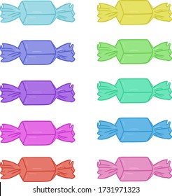 Set of colorful candies. Vector illustration. Red, blue, violet, green, yellow candies on white background. 