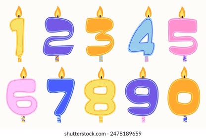 Set of colorful candles in doodle style. Happy Birthday candle numbers for 0-9. Decorative wax candle lights with flames. Element for birthday invitation, greeting card and cake toppers.