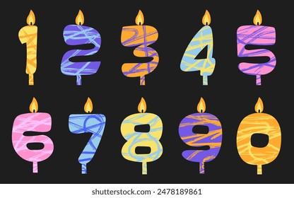 Set of colorful candles in doodle style with scribble textures. Happy Birthday candle numbers. Decorative wax candle lights with flames. Element for birthday invitation, greeting card and cake toppers