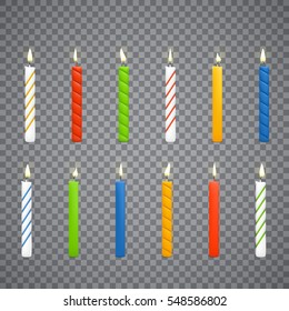 Set Of Colorful Candles On Transparent Background. Candle Flame.