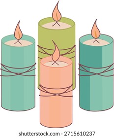 Conjunto de velas coloridas com chamas suaves e cordel para ambiente acolhedor
