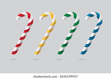 Set of colorful candy cane sticks in red, yellow, green, and blue with festive themes.