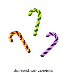 Set of colorful candy canes. Flat cartoon vector illustration isolated on white background. Halloween trick or treat sweets for web, mobile app, print, greeting card, invitation and other design 
