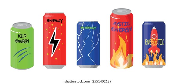 Set of colorful cans of energy drinks in cartoon style. Vector illustration of different cans of energy drinks decorated with lightning, fire, rocket, stripes, cracks isolated on white background.