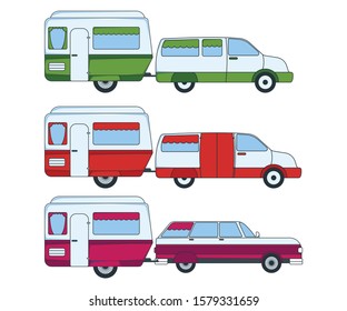 Set of Colorful Car with Trailer for Travel and Trip. Label, Badge and Banner. Concept Automobile for Web, Print, T-Shirt. Logo, Icon and Background for Poster, Gift Card. Cartoon Vector Illustration.