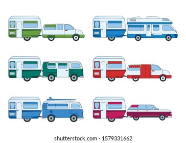 Set of Colorful Car with Trailer for Travel and Trip. Label, Badge and Banner. Concept Automobile for Web, Print, T-Shirt. Logo, Icon and Background for Poster, Gift Card. Cartoon Vector Illustration.