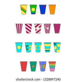 Set of colorful cardboard cup. Vector cup set icon. Isolated party cup.
