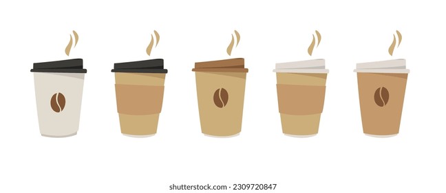 set of colorful cardboard cups for coffee and tea with lids. Simple flat graphics for cafe, cafe, coffee takeaway concepts. Vector illustration