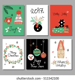 Set of colorful cards with different signs on Christmas and New Year: wreath, cake, gingerbread house, mittens, toys, gifts and socks. Greeting card, Congratulations, Invitations.