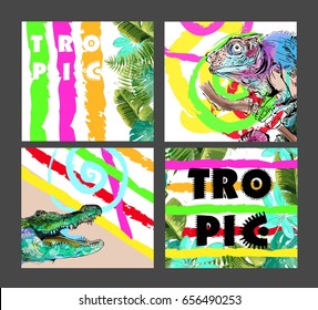 Set of colorful cards with exotic animals and tropical leaves.