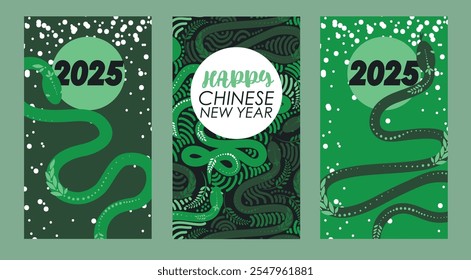 Conjunto de tarjetas de colores para feliz año Nuevo chino con serpientes, Ilustración vectorial de estilo simple