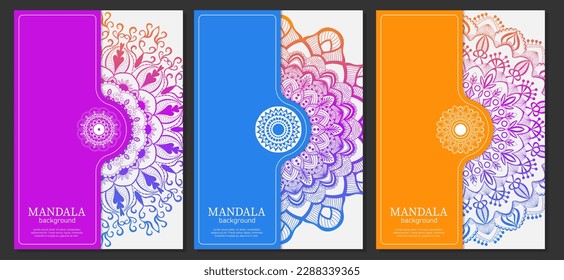Set of colorful cards with the image of a circular mandala for print, poster, cover, brochure, flyer, banner. Arabic Islamic east style. Vector Henna tattoo style