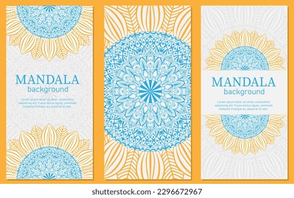 Set of colorful cards with the image of a circular sunflower mandala for print, poster, cover, brochure, flyer, banner. Arabic Islamic east style. Vector Henna tattoo style