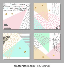 Set of colorful cards. Modern abstract design poster, cover, card design. Trendy geometric elements memphis cards. Retro style texture, pattern and geometric elements. Gold texture