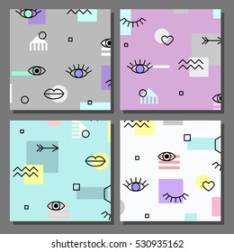 Set of colorful cards. Modern abstract design poster, cover, card design. Trendy geometric elements memphis cards with lips and eyes. Retro style texture, pattern and geometric elements.