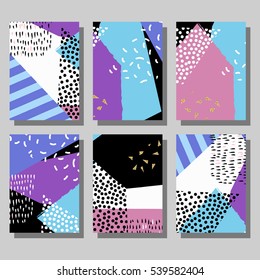 Set of colorful cards. Modern abstract design poster, cover, card design. Trendy geometric. Retro style texture, pattern and geometric elements. Golden glitter texture