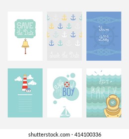 Set of the colorful cards with nautical design elements in doodle style on the marine background for a boy's birthday party design svg