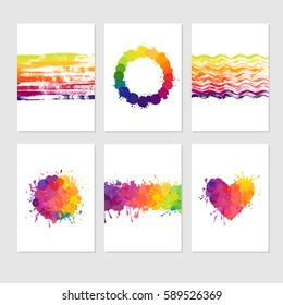 Set of colorful cards with paint stains and splatters. Vector card templates with bright colors. 