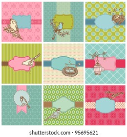 Set of Colorful Cards with Vintage Birds - for birthday, wedding, invitation  in vector