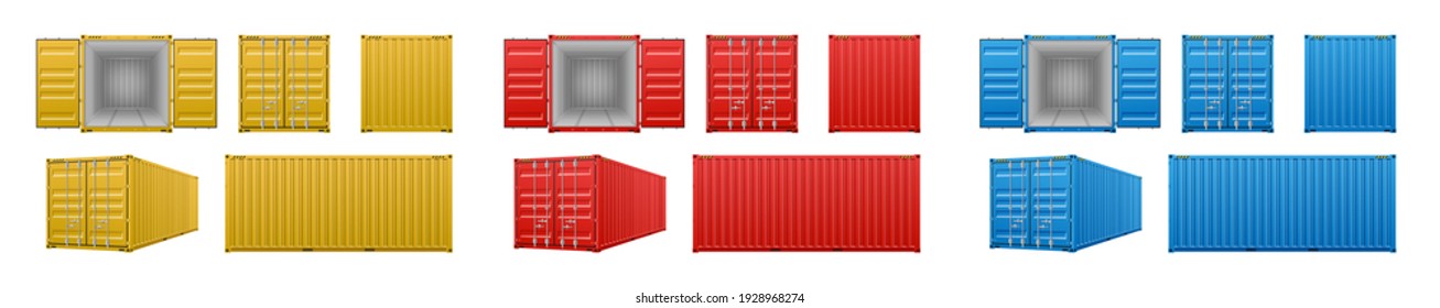 Set of colorful cargo containers in realistic 3d style. Open and closed containers for delivery, shipping and transportation. Front and side views. Vector illustration