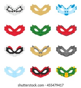Set of colorful carnival animal masks composed of triangles on a white background.
