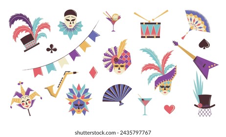 Set of colorful carnival illustrations. Masquerade elements - masks, instruments, decorations, drinks. Flat vector illustration.