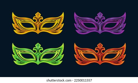 Set of colorful carnival masks decorated with beads. Detailed illustration in vintage style