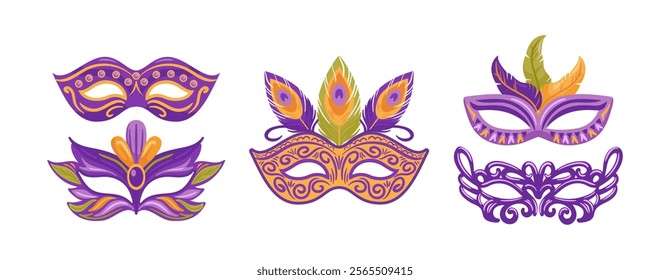 Set of colorful carnival masks, decorated with bright feathers, festive celebration of Mardi Gras. Vector illustration in flat style for stickers, cards, design elements