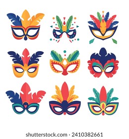 Set of colorful carnival masks with feathers and decoration. Collection of festive masquerade party accessories. Carnival celebrations and Mardi Gras vector illustration.