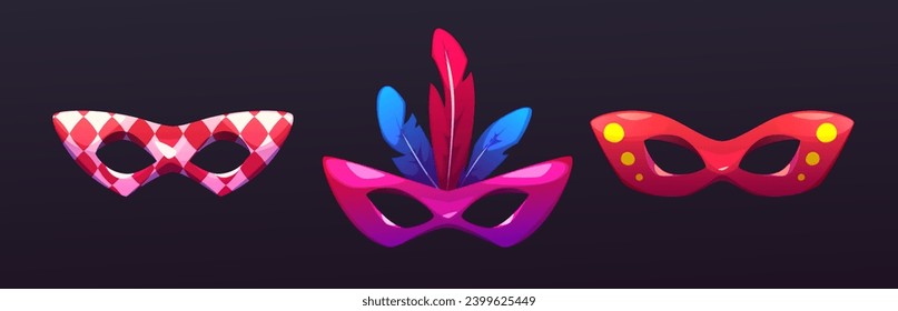 Set of colorful carnival masks isolated on black background. Vector cartoon illustration of masquerade costume elements decorated with feather, red rhombus pattern, Venice festival show, traditional