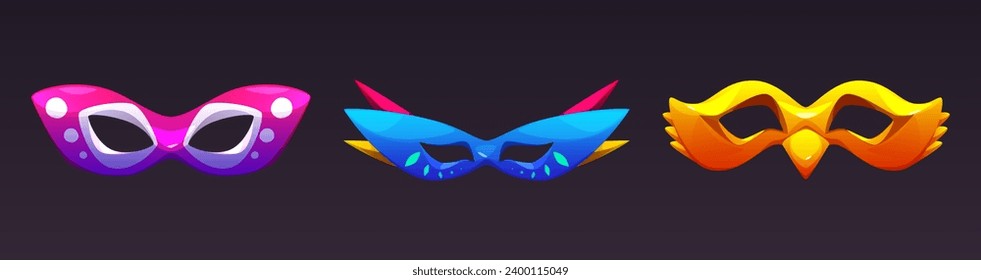 Set of colorful carnival masks isolated on black background. Vector cartoon illustration of masquerade costume elements decorated with color pattern, Venice festival show, traditional art