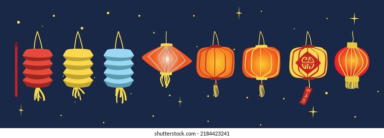 Set of colorful carrying lanterns clipart. Hanging lantern vector design illustration on night starry sky. Mid-Autumn Festival, Moon Festival or Mooncake Festival lanterns collection cartoon style