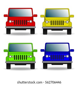 Set of colorful cars. Front view. White background. Vector illustration.